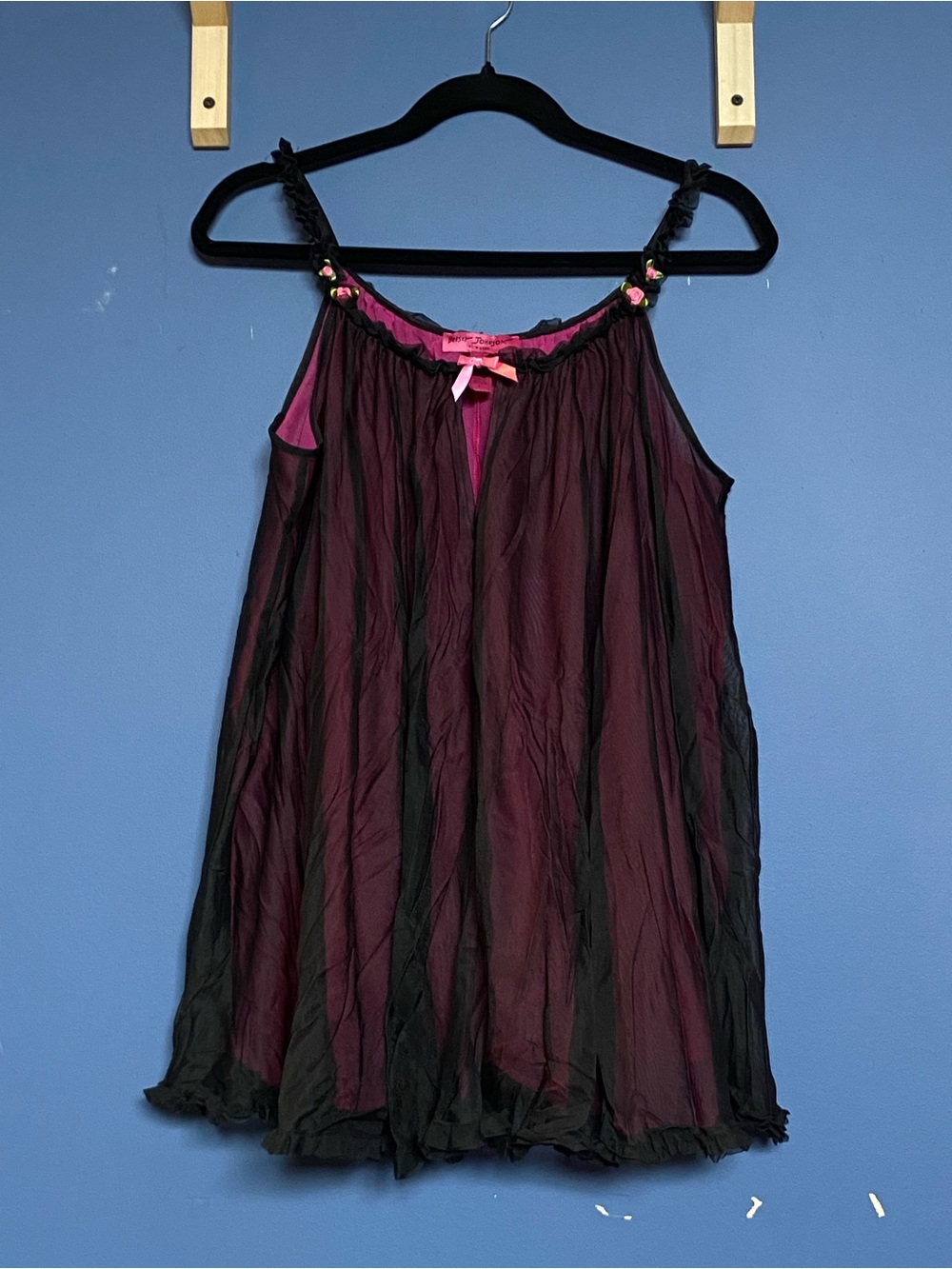 Betsey Johnson Black and Fuchsia Sheer Babydoll Chemise